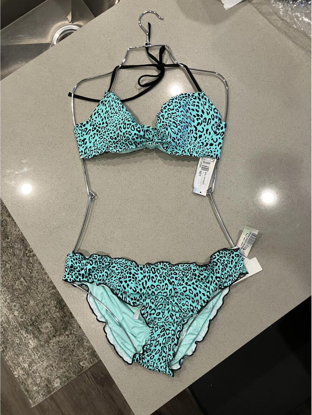 Aqua Turquoise Leopard Print 2-Piece Bandeau Bikini Swimsuit